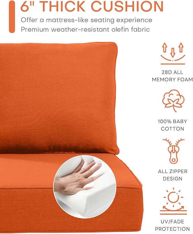 Luxury 22x24/22x25 6-Inch Outdoor Deep Seat Cushions Set of 6 - Comfortable Patio Zipper Chair Cushion for Outside Wicker Dining Rocking Swivel Chairs Loveseat Couch Sectional Sofa - Orange