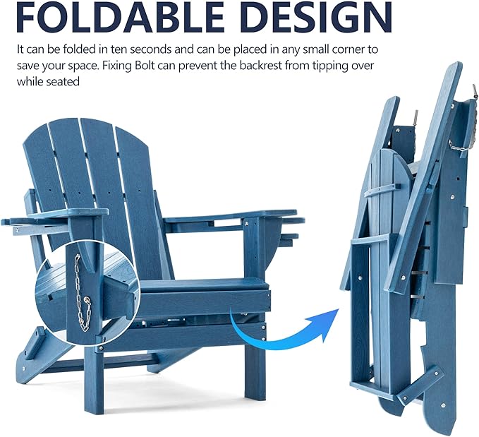 Folding Adirondack Chair, HDPE Outdoor Texture Lawn Chair with Reclining Back, Cup and Phone Holder - Comfortable Firepit Chair Weather Resistant for Patio or Backyard (Blue, Set of 2)