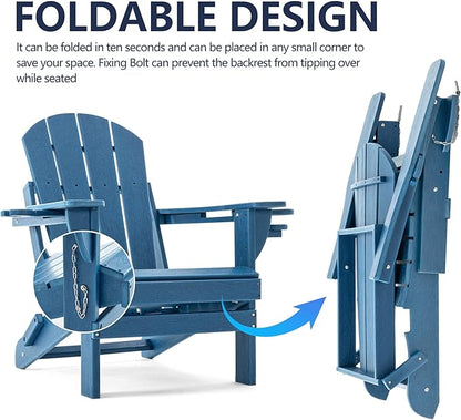 Folding Adirondack Chair, HDPE Outdoor Texture Lawn Chair with Reclining Back, Cup and Phone Holder - Comfortable Firepit Chair Weather Resistant for Patio or Backyard (Blue, Set of 1)