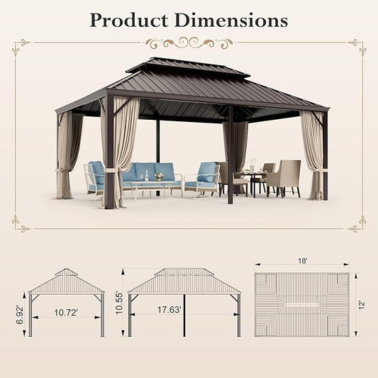 12'x18' Hardtop Aluminum Gazebo, Permanent Outdoor Canopy with Galvanized Steel Double Roof Heavy Duty Pavilion with Curtains and Netting for Garden Patio Lawn Deck