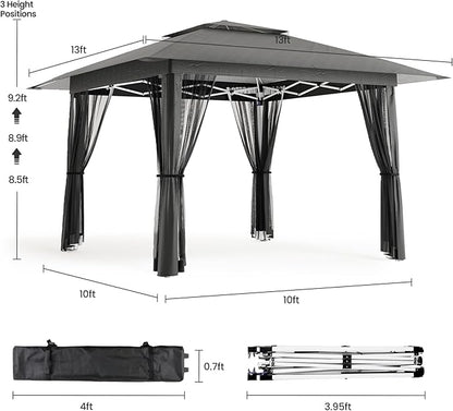 Bealife 13x13 Pop Up Gazebo Tent with Mosquito Netting, Outoor Canopy Tent with 4 Sandbags, 8 Stakes, 4 Ropes, Roller Bag, Pop Up Canopy for Lawn Backyard Garden Deck (Grey, 13x13)