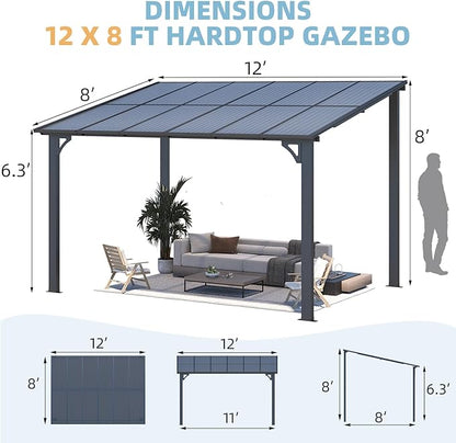 AECOJOY 12' x 8' Gazebo Outdoor Pergola for Patio, Hard Top Lean to 8x12 Gazebo Shelter Pergolas and Gazebos Clearance with Patio Roof, Large Wall-Mounted Heavy Duty Awnings for Patio, Decks, Backyard
