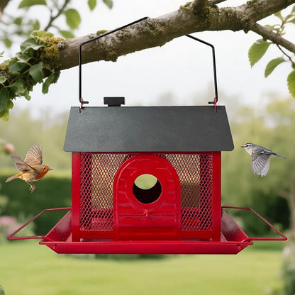 Bird Feeder House for Outdoors – Red Metal Hanging Bird Feeder, Decorative Bird House Feeder for Cardinals, Finches, and Wild Birds, Weatherproof Backyard Garden Decor