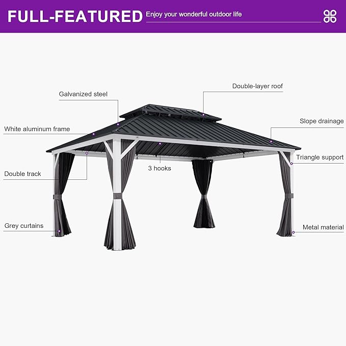 PURPLE LEAF 12' X 16' Hardtop Gazebo, White Aluminum Frame Gazebo with Double Roof, Curtain and Netting for Patio, Garden and Backyard