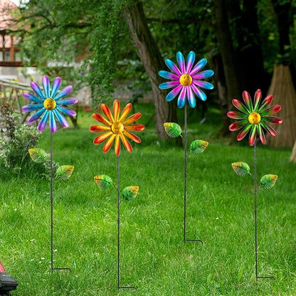 DREAMYSOUL 4 Packs Metal Flowers Wind Spinners Outdoor, Pinwheel Decorative Garden Stakes, Metal Small Wind Spinner for Yard and Garden Decor
