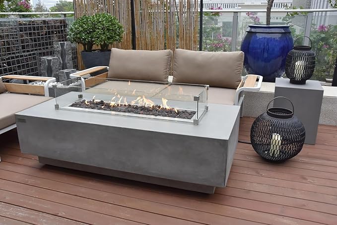 Elementi Granville Gas Fire Pit Bundle Concrete Fire Table, Outdoor Fire Pit Electronic Ignition | Canvas Cover, Lava Rock Included | Free AMS Wind Guard | Light Gray (Natural Gas)