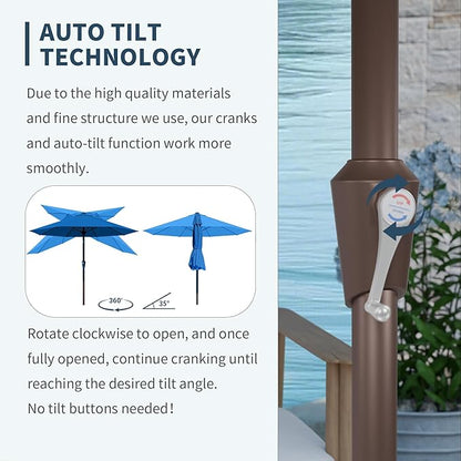 PatioKingdom Auto-Tilt 9FT Patio Umbrella Outdoor with 8 Sturdy Fiberglass Ribs,Market Table Umbrella for Pool,Backyard,Deck and Garden