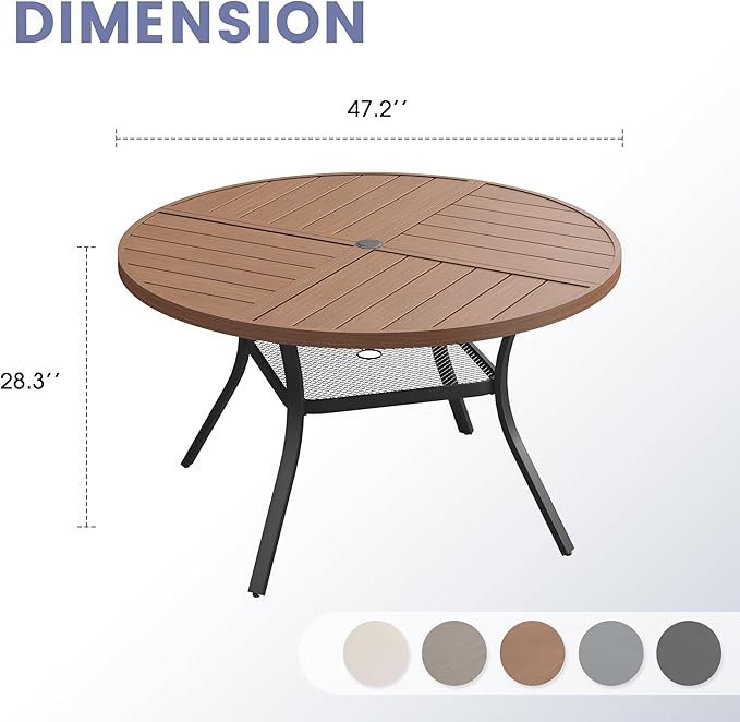 VICLLAX Outdoor Patio Round Dining Table, 47.2"x 47.2" Spliced Metal Tabletop with Storage Shelf for Deck Lawn Garden Backyard, Walnut