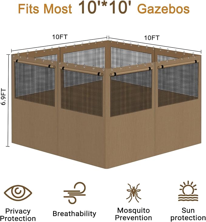Gazebo Privacy Curtain 10'x10', Replacement Curtains with Mosquito Net Windows, 4-Panels Side Wall, Zippers, Waterproof Outdoor Curtains for Patio, Canopy, Garden and Backyard, Khaki (Curtain Only)