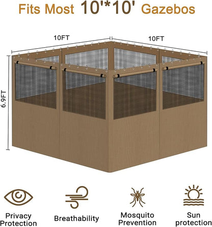 Gazebo Privacy Curtain 10'x10', Replacement Curtains with Mosquito Net Windows, 4-Panels Side Wall, Zippers, Waterproof Outdoor Curtains for Patio, Canopy, Garden and Backyard, Khaki (Curtain Only)