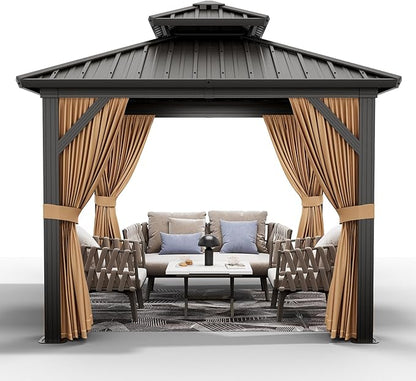 10'x10' Hardtop Gazebo, Heavy Duty Aluminum Permanent Hardtop Gazebo Outdoor Pavilion with Curtains and Netting for Garden (Khaki, 10'x10')
