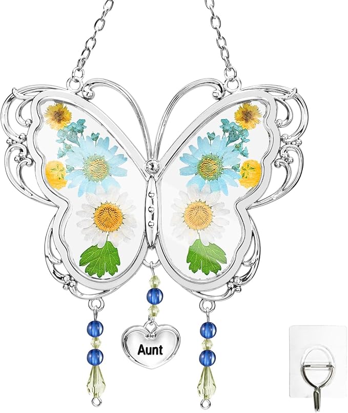 LARAINE Butterfly Suncatcher with Pressed Flower Wings Mom Mother's Day Butterfly Glass Wind Chime Ornament Charm with Metal Heart Gifts for Mom Grandma Aunt Birthday (Aunt, Blue)