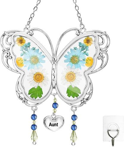 LARAINE Butterfly Suncatcher with Pressed Flower Wings Mom Mother's Day Butterfly Glass Wind Chime Ornament Charm with Metal Heart Gifts for Mom Grandma Aunt Birthday (Aunt, Blue)