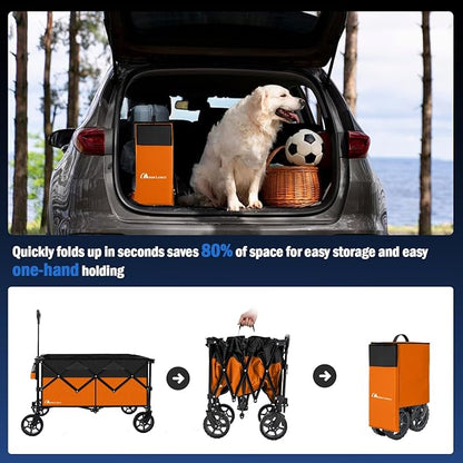 Moon Lence Collapsible Folding Wagon Cart Heavy Duty Folding Garden Portable Hand Cart with All-Terrain Beach Wheels, Adjustable Handle & Drink Holders (Orange & Ivory)
