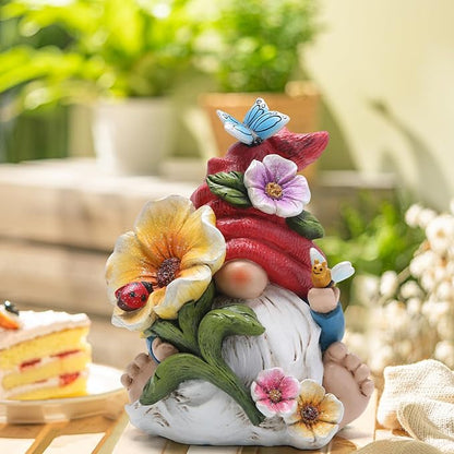 Hodao Gnome Figurine Decorations Indoor Home Decor Butterfly Bee Seven Star Ladybug - Dancing Spring Petal Gnome - Summer Garden Patio Gnome Sculpture Decorations (Flower gnome)