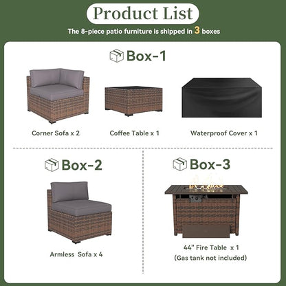 Aoxun 8 Piece Patio Furniture Set with 44” Fire Pit Table Wicker Rattan Outdoor Sectional Sofa Set with Coffee Table and Thickened Cushions, Gray (Waterproof Cover Included)