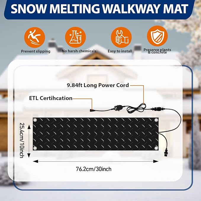 Riakrum 8 Pcs Heated Snow Melting Mats Outdoor, 10 x 30 in Winter Anti-Slip Heated Rubber Mat for Walkways Decks and Sidewalks, Snow and Ice Melting Pads Connection with 9.84 ft Power Cord