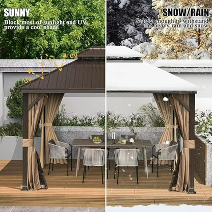 Domi 10'x12' Hardtop Gazebo Canopy,Outdoor Metal Gazebo with Galvanized Steel Double Roof,Curtain and Netting,Permanent Pavilion for Patio Deck,Backyard