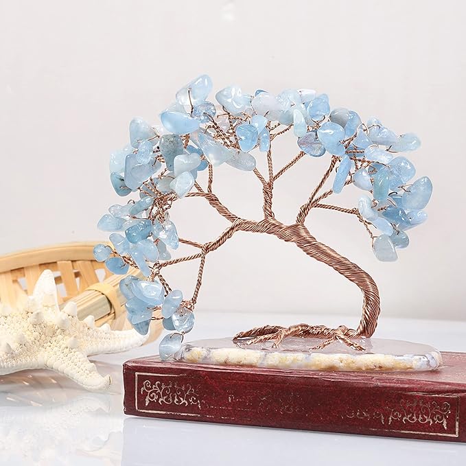 TUMBEELLUWA Reiki Crystal Money Tree with Agate Slice Base Feng Shui Stone Bonsai Tree Figure Decor for Happiness Good Luck and Wealth, Aquamarine