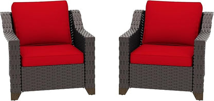 Patio 2 Pieces Chairs Set of 2 with Removable and Washable Covers，Outdoor PE Rattan Wicker Armchairs with Water-Resistant Cushions for Porch, Balcony, Sunroom (Red)