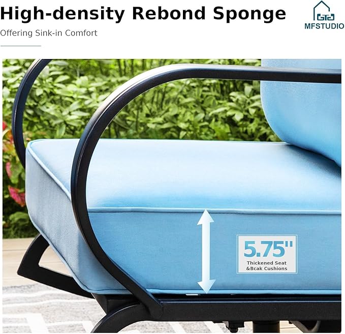MFSTUDIO 5 Pieces Patio Conversation Sets,Outdoor Metal Furniture Sofas with 1 x 3-Seat Sofa, 2 x Rocking Chairs,2 x Ottoman,Wrought Iron Frame with Blue Cushion for Patio Courtyard Balcony