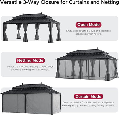SUNJOY Kingston 20' x 12' Hardtop Gazebo with Galvanized Steel Double Roof, Curtain and Netting, Gray Aluminum Posts Permanent Pavilion Gazebo for Garden, Patio, Deck, Lawn