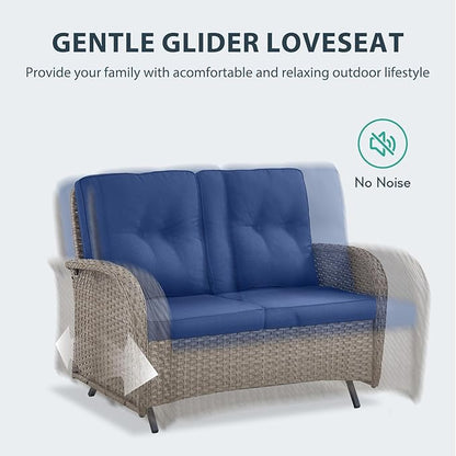 7 Piece Patio Furniture Set with Fire Pit Table - Wicker Patio Conversation Set with Swivel Glider, Glider Loveseat, Side Table and 2 Ottomans for Deck Backyard - Grey Wicker Blue Cushion