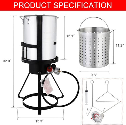 Turkey Deep Fryer 30 Qt, Mordern Outdoor Fryer, Aluminum Crawfish Boiler with Basket and Lid, 55000-Btu Propane Stove, Adjustable Firepower, Portable Seafood Boil Pot for Crab, Lobster, Shrimp, Silver