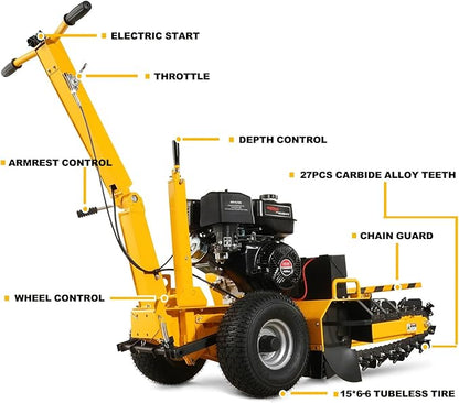 420cc 15HP E-Start Gas Powered Cable Ditching Trencher, 24'' Trench Depth, 27pcs Carbide Alloy High-Pressure Teeths, TCR1500 (Yellow)