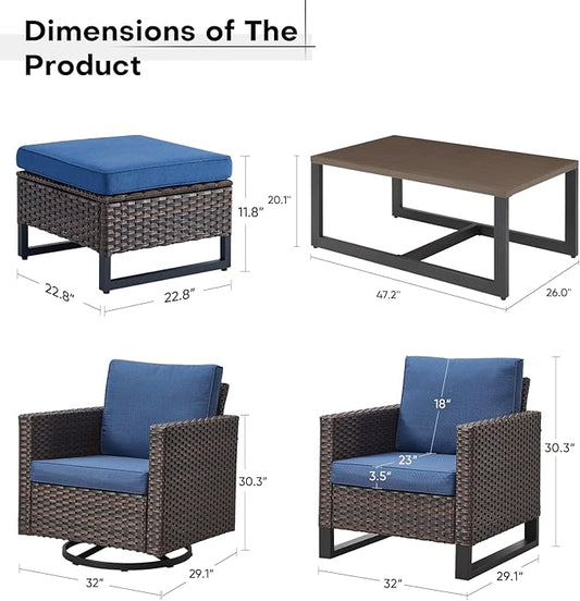 Wicker Patio Furniture Set：7 Piece Outdoor Patio Furniture Set with 2 Swivel Patio Chairs 2 Single Chairs a Coffee Table and 2 Ottomans, Brown Wicker/Blue Cushion