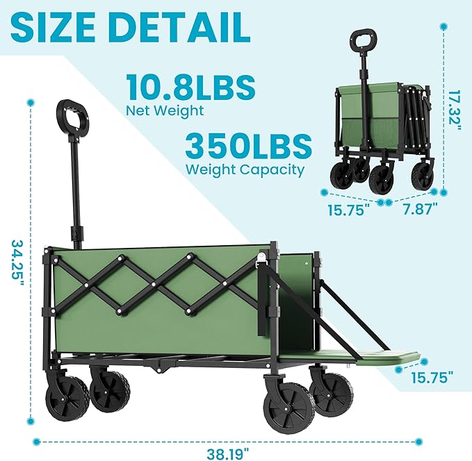 Collapsible Wagon with Tailgate, Ultra-Compact & Portable Folding Wagon with 350lbs Capacity, Lightweight Portable Utility Wagon Cart for Shopping Camping Sports Garden（Green）