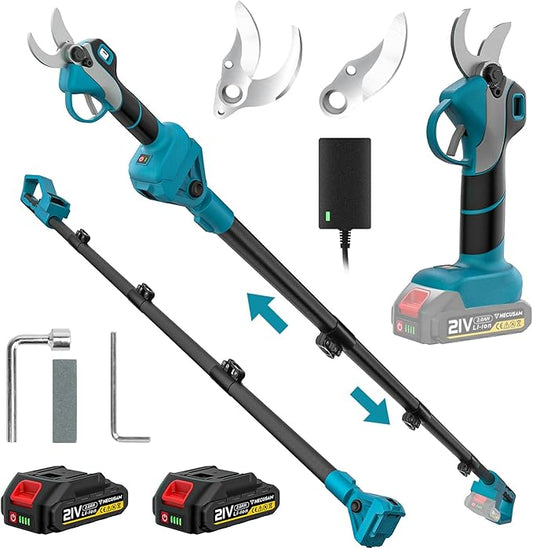 Electric Pruning Shears Cordless, 1000W Brushless 2-in-1 Pole Pruner Shears, Extend Pole to 14FT,1.4” Cutting Diameter, SK5 Blade, 2×2.0Ah Batteries, Pole Pruner for Gardening Tree Trimming