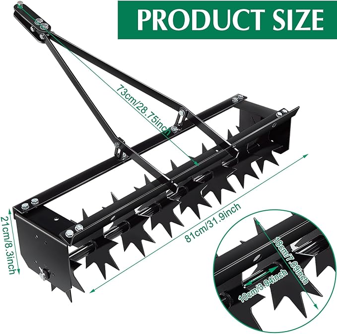 Lasnten 32 Inch Tow Behind Spike Aerator Soil Penetrator Spikes Tractor with Galvanized Steel Tines and Wide Tow Bar Black Lawn Aerator for Home Yard Farm Use