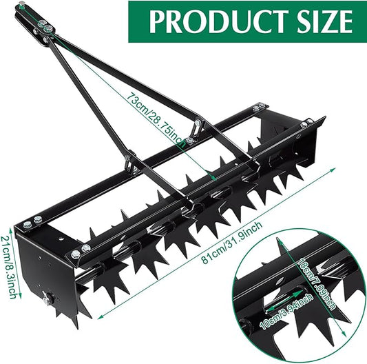 Lasnten 32 Inch Tow Behind Spike Aerator Soil Penetrator Spikes Tractor with Galvanized Steel Tines and Wide Tow Bar Black Lawn Aerator for Home Yard Farm Use