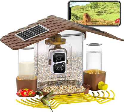 Aivituvin Smart Bird Feeder Camera with AI Identification, Solar Powered, Wireless Hummingbird Feeder with Food, Water, Honey, Present for Bird Lovers (Brown)