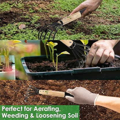 15inch Wood Hand Japanese Claw Rake NonSlip Rubber Handle, Military Grade Steel 5 Tine Cultivator Gardener for Pulverized and Aerated Soil