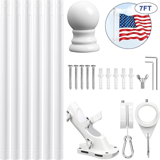 REERON Flag Pole for Outside House Porch Wall Mount, 7 FT 1" No Tangle Stainless Steel Spinning Flagpole Kit with 360° Metal Flag Pole Rings Clips & 2-Position Holder for 3x5' 4x6' American Flags