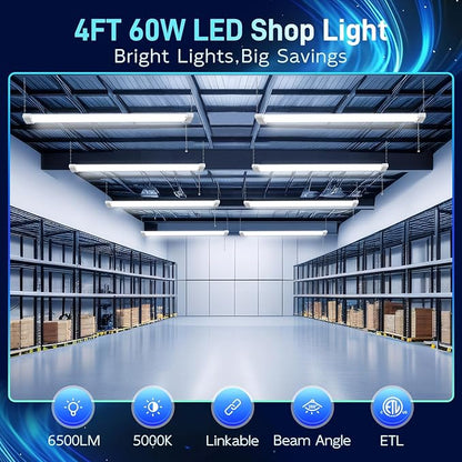 hykolity 1 Pack 4FT Linkable LED Shop Light for Garage, 6500lm, 4FT 60W Utility Light Fixture, 5000K Daylight LED Workbench Light with Plug, Hanging or Surface Mount, White - ETL