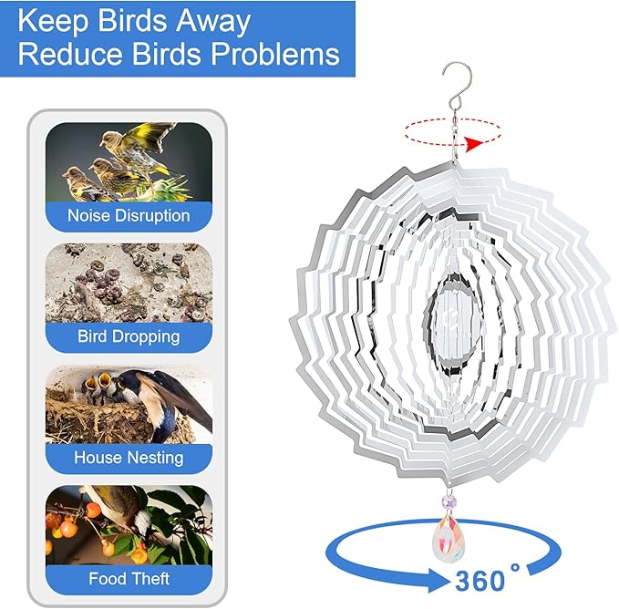 3D Wind Spinners Outdoor Flowing-Light Effect Metal Garden Decor, Highly Reflective Bird Deterrents for Outside, Mirrored Wind Sculptures to Scare Birds Away from Yard Patio Farm (Vortex-Silver)