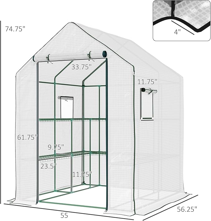 Outsunny 4.6' x 4.7' Portable Greenhouse, Water/UV Resistant Walk-in Small Outdoor Green House with 2 Tier U-Shaped Flower Rack Shelves, Roll Up Door & Windows, White