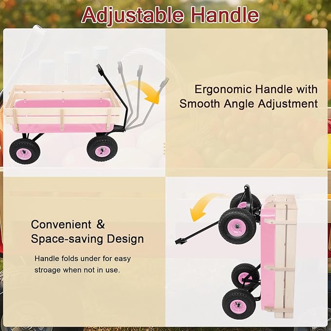 Outvita All-Terrain Cargo Wagon with 10'' Air Tires, Steel Structure Wagon with Removable Wooden Side Panels for Kids, Garden and Cargo, Up to 220lbs Capacity, 38'' L x 19'' W x 31'' H (Pink)