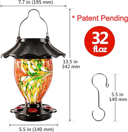 LUJII Solar Hummingbird Feeder for Outdoors Hanging with Color Changing, Hand Blown Glass Reservoir, 32 fl.oz, Never Leak, Lighted Lantern for Garden Decor, Unique Gift for Bird Lover (Red)