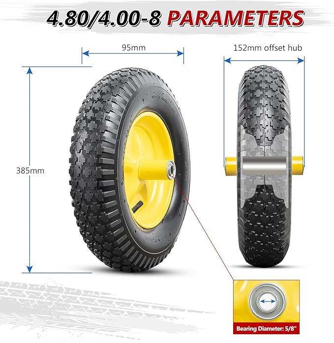 4.80/4.00-8 Tires and Wheels, Replacement Pneumatic Tires 15-Inch Wheel with 5/8" Bearings Compatible with Hand Truck, Wheelbarrow, Wagon, Gorilla Carts Tires(Yellow, 2PCS) P-097