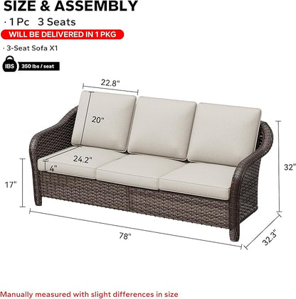 78" Wicker 3-seat Sofa, Outdoor Conversation Furniture, All-Weather Rattan Couch, Steel Frame Couch with Cushions for Garden, Poolside, Porch (Beige)