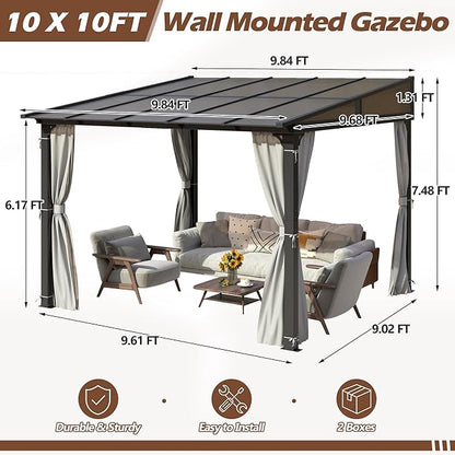 10 x10FT Outdoor Wall-Mounted Hardtop Gazebo, Aluminum Frame Lean to Gazebo with Polycarbonate Roof and Curtains for Patio, Garden, Deck