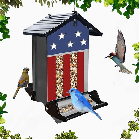 Squirrel Proof Bird Feeder, Hanging Bird Seed Feeders for Outdoors, 5LBS Large Capacity Metal Weight-Activated Perches Wild Birdfeeder for Blue Jay, Cardinal, Outside