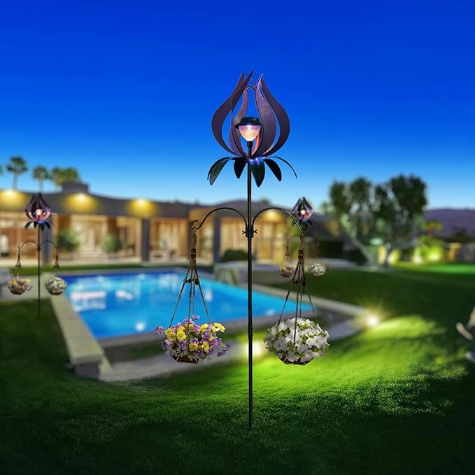 Multifunction Solar Wind Spinner Outdoor with Shepherd Hooks MANORTANG 83 Inch Metal Large Landscape Light Double Coconut Basket LED Windmill Outdoor Decoration for Yard Garden Lawn Patios (Purple)
