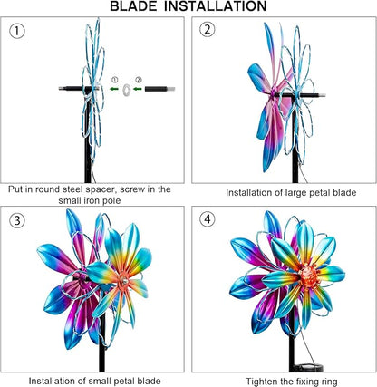 Flower Solar Wind Spinners - 61'' Metal Colorful Spinning Windmill Garden Ligths with LED Outdoor Decorative Stake Lighting Waterproof Flower Sculpture for Patio Yard