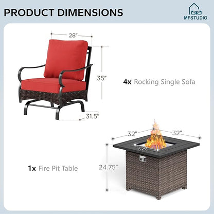 MFSTUDIO 5 Pieces Outdoor Patio Furniture Set, Metal Outdoor Conversation Sofa, Rattan Wicker Patio Sectional Sofa Set with 4 x Rocking Single Sofa, 1 x Fire Pit Table, Red