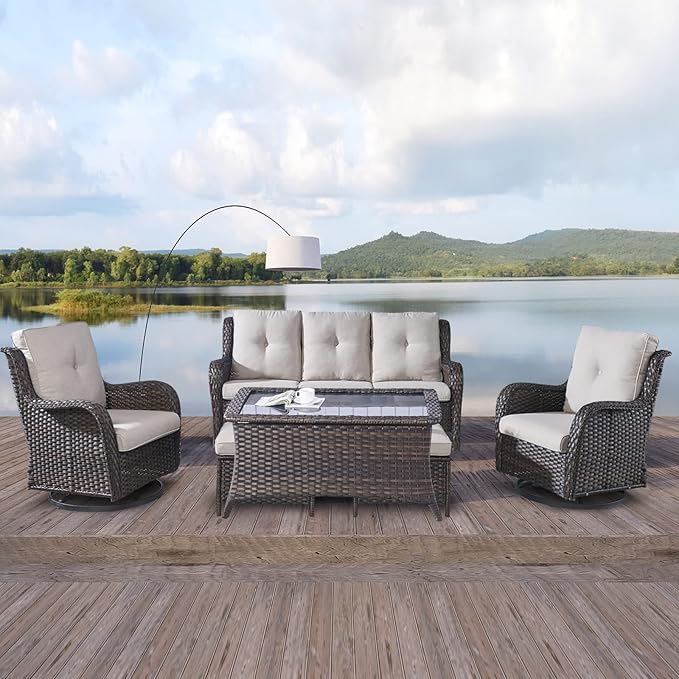 Rilyson 6 Piece Outdoor Patio Furniture Set - Rattan Wicker Patio Conversation Sets with 2 Swivel Rocker Chairs,2 Ottomans,1 Sofa and 1 Coffee Table for Outside Porch Deck Backyard(Brown/Beige)